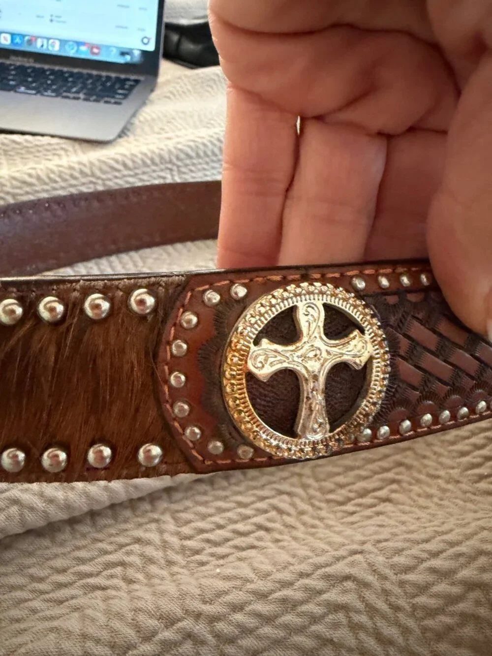 Harley Davidson Mens Calf Hair Tooled Studded Belt Buckle Ranger Size 36 Moto